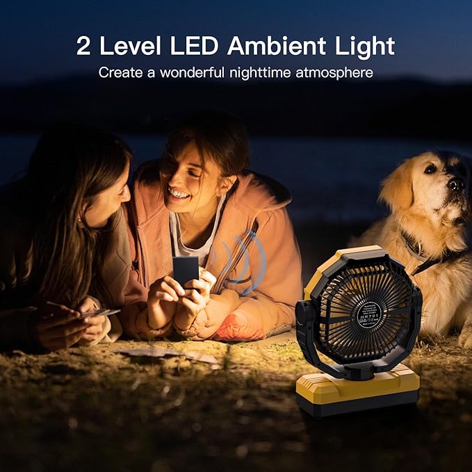 FRIZCOL 3-in-1 Camping Fan - Portable Fans Rechargeable - 24000mAh Battery Powered Fan(105Hrs) with Light & Remote for Indoor, Outdoor, Tent, Travel, Fishing, Jobsite, Gifts for Men Dad Him - Yellow
