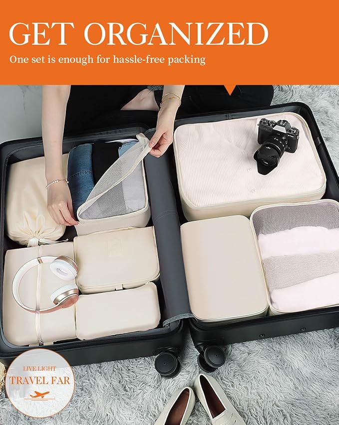 HOTOR Packing Cubes for Suitcases - 8 Pieces, Light Packing Cubes for Travel, Premium Suitcase Organizer Bags Set, Space-Saving Luggage Organizers, Travel Accessories and Essentials, Beige