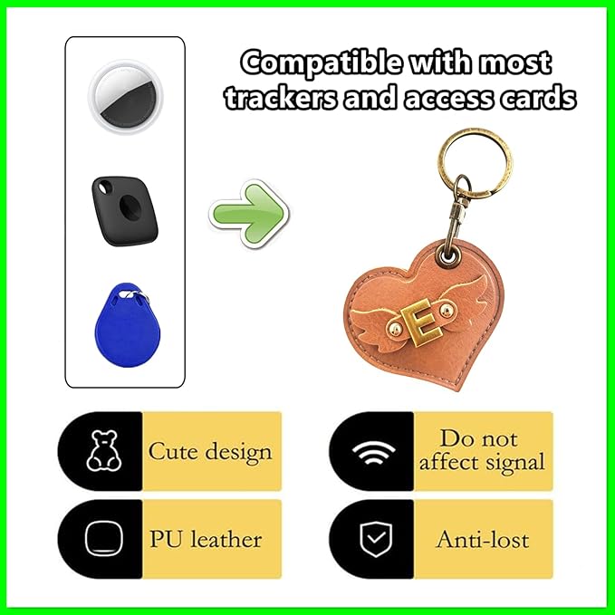 Initial Letter Leather Alphabet Keychain Holder Case Compatible with AirTag,Cute Protective Air Tag Cover with Bronze Keyring,Anti-Scratch Finder GPS Tracker Case for Pets Keys Wallet Luggage(E)