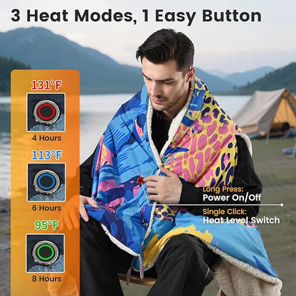 WOOMER Heated Blanket Battery Operated 50x70 Inches, 15000mAh Cordless Electric Blanket with 3 Heat Settings, Waterproof Portable Rechargeable Heating Blanket for Outdoor Camping Travel, Cheetah