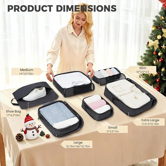 BAGAIL 6 Set Lightweight Compression Packing Cubes with Packing List, Anti-Tearing Expandable Organizer Bags for Travel, Dark Grey