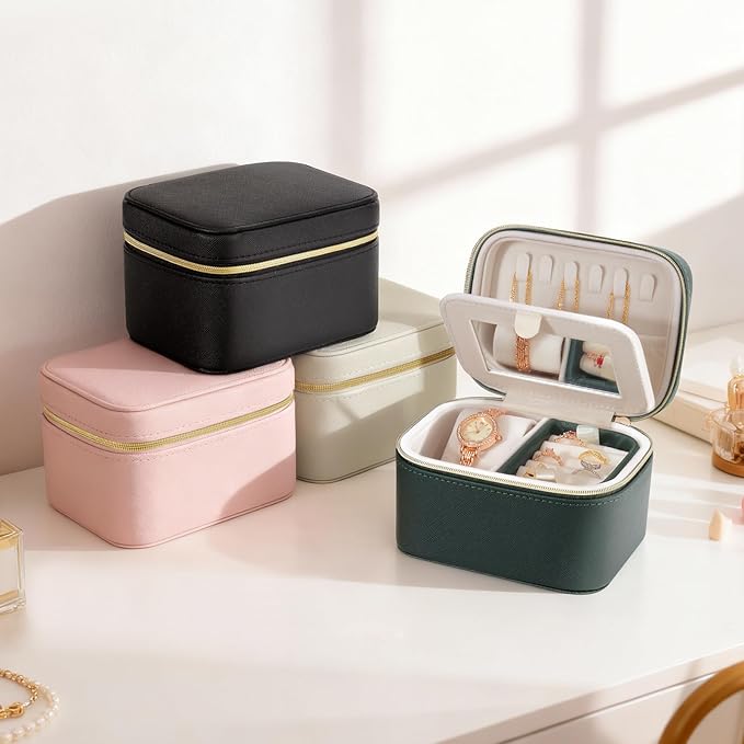 DesignSter Travel Jewelry Case,Small Jewelry Box with Mirror,Leather Material Travel Jewelry Case Organizer, Portable Jewelry Organizer with Zipper(Black)