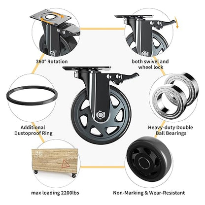 6 Inch Caster Wheels Heavy Duty Casters with Brake, Casters Set of 4 Loading 3000 Lbs, Locking Industrial Swivel Top Plate Casters Wheels for Furniture and Workbench Cart(Two Hardware Kits Included)