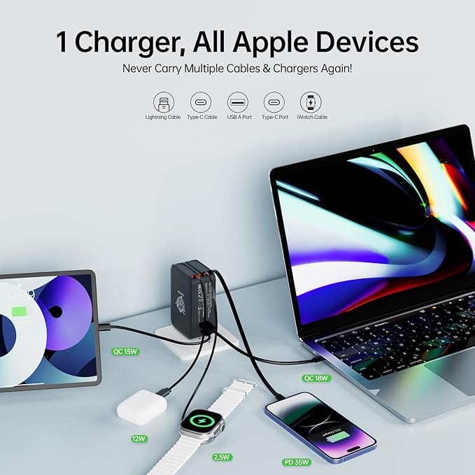 Retractable Apple Watch Charger, 5 in 1 Travel Charging Station for Apple Devices, Retractable Chargers for Multiple Devices with Multi Charging Cable, Charger Block for Apple Gear (Black)