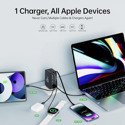 Retractable Apple Watch Charger, 5 in 1 Travel Charging Station for Apple Devices, Retractable Chargers for Multiple Devices with Multi Charging Cable, Charger Block for Apple Gear (Black)