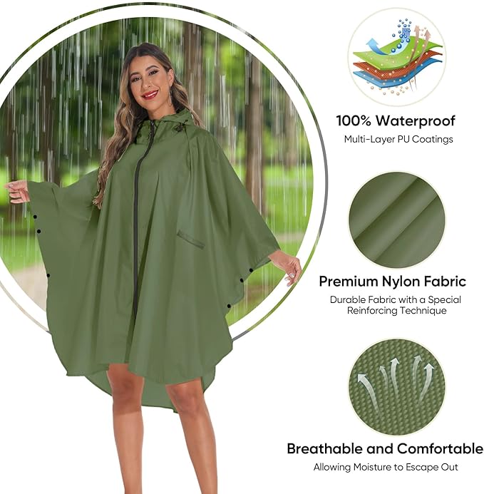 PTEROMY Hooded Rain Poncho for Adult with Pocket and Zipper, Waterproof Lightweight Raincoat for Men and Women