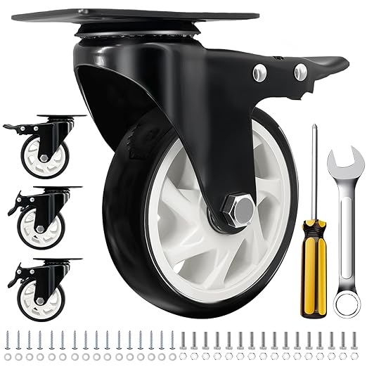 Caster Wheels 4 Inch, Heavy Duty Caster Set of 4, Swivel Castor Wheel with Dual Locking Brakes, Silent Polyurethane (PU) Wheels-Black