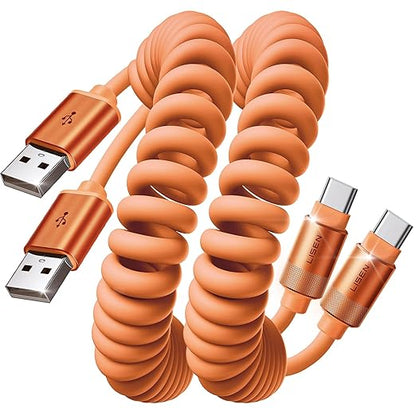 LISEN Coiled USB C Cable, 2 Pack for Android Auto & CarPlay Cable, Short Orange USB C Cable Compatible with iPhone 17 Pro Max Orange/16/15, Samsung Galaxy S25/S24/S23 A15/A14