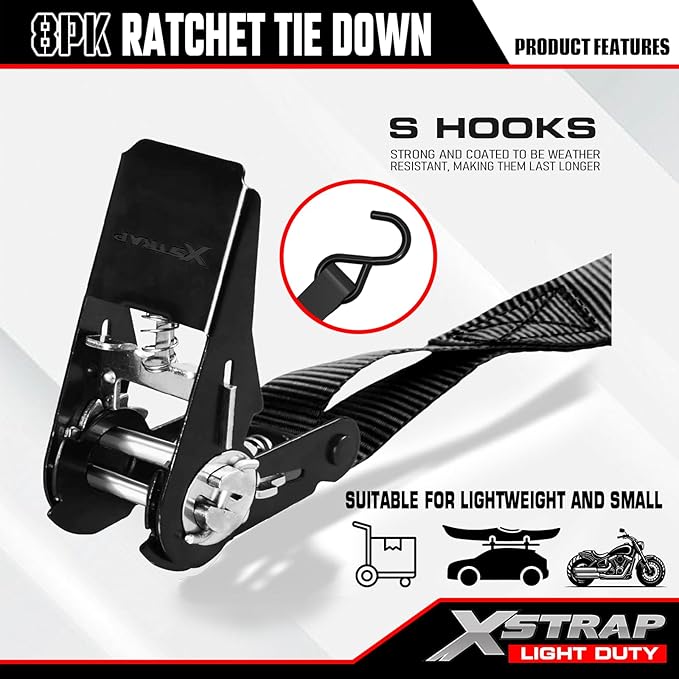 XSTRAP STANDARD Ratchet Tie Down Straps 8PK 1'' x 10 ft - 900 LB Break Strength Cargo Straps for Moving Appliances, Lawn Equipment, Motorcycle (Black)