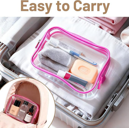 4 Pcs Clear Toiletry Bag, Portable Makeup Cosmetic Bags Pouch with Zipper, PVC Clear Travel Pouch for Women Men - Pink