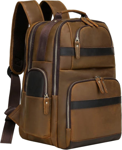 Full Grain Leather Backpack for Men,15.6" Laptop Backpack with USB Charging Port,Large Capacity Vintage Casual Travel Business Work Computer Bag Outdoor Weekend Daypack (Light Brown)