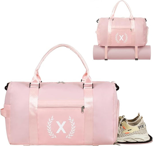 Gym Bag for Women, Personalized Duffle Bag with Shoe Compartment for Yoga & Dance with Wet Pocket and Mat Strap.