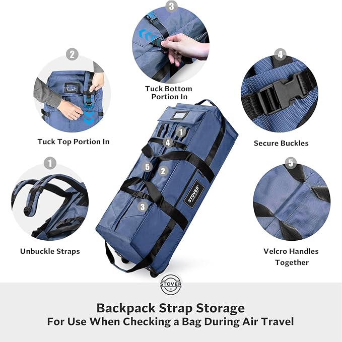 STOVER 80L Rolling Duffel Bag with Wheels, Large Durable Travel Duffle + Toiletry Bag, Heavy Duty, Packable, Foldable with Shoulder Straps- Use as Luggage or Backpack, Men/Women (Navy Blue)