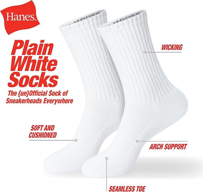Hanes Unisex Plain White Socks Pack or Plain Black Socks Pack, Men's, Women's & Teen Sizes, Crew and Ankle 6-Packs