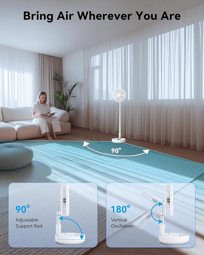 Portable Oscillating Travel Fan, 10400mAh Battery Operated Rechargeable USB Floor Table Desk Fan with Remote, 4 Speed Settings Pedestal Fan for Home Bedroom Office Camping, White,8"