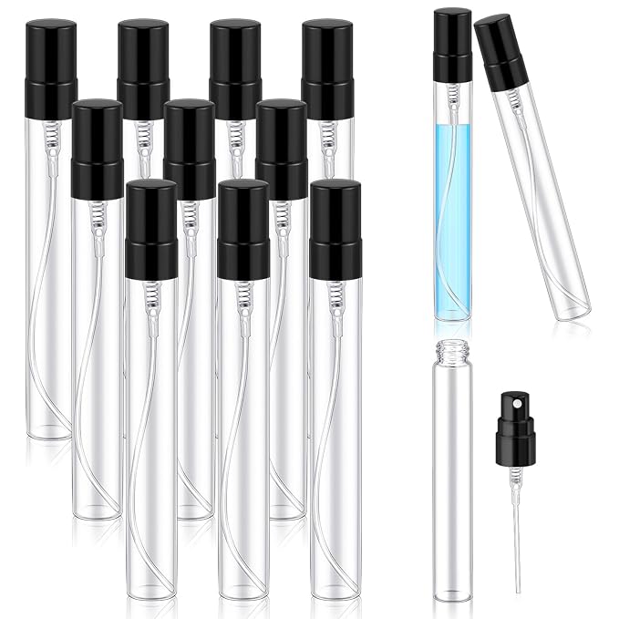 Zhehao 10 Pcs Mini Spray Bottles 10 ml Clear Glass Perfume Bottles Refillable Fine Mist Perfume Atomizer Portable Empty Sample Containers for Cleaning, Essential Oils, Travel (Black Cap)