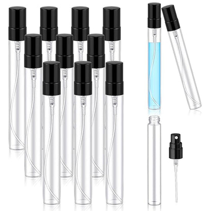 Zhehao 10 Pcs Mini Spray Bottles 10 ml Clear Glass Perfume Bottles Refillable Fine Mist Perfume Atomizer Portable Empty Sample Containers for Cleaning, Essential Oils, Travel (Black Cap)