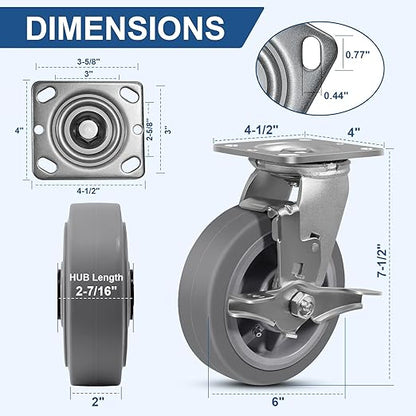 6"x2" Rubber Wheels (Flat Tread)- Heavy Duty Casters, Industrial Caster Wheels- Set of 4 with up to 4000 LB Capacity- Use for Dollies, Workbench(2 Brake &2 Swivel)