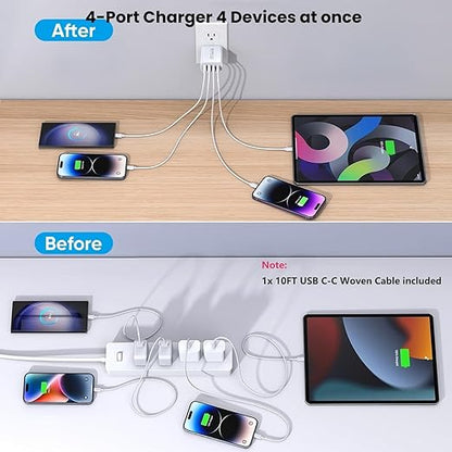 10Foot USB C-C Woven Fast Charging Cable,Apple 40W 4 Port USB C Wall Charger Block with 10FT Type C Charging Cable Cord PD&AC 40W Adapter for iPhone 17Air/17 Pro/16/16e/16 Pro Max/15/iPad Pro/Air/Mini