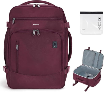 ECOHUB Travel Backpack for Women, 18x14x8 Spirit Airlines Personal Item Bag with Clear Toiletry Bag, Laptop Carry on Backpack with USB Port, Airline Approved Under Seat 14 Pockets 30L, Red