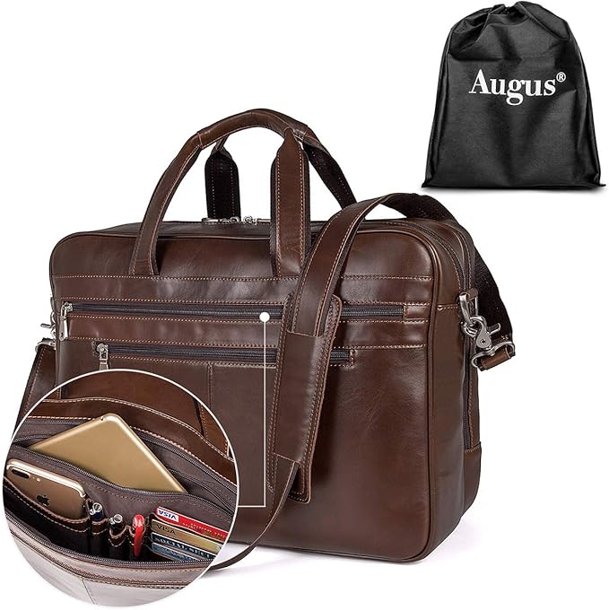 Augus Business Travel Briefcase Genuine Leather Duffel Bags for Men Laptop Bag fits 15.6 inches Laptop YKK Zipper (Brown)