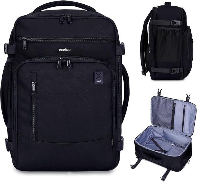 ECOHUB 17" Small Travel Backpack, United Airlines Personal Item Bag 17x10x9 with 16 Pockets, Water Resistant Rucksacks Fit 15.6" Laptop, AirTag Pocket, Lightweight Casual Daypack, 25L, Black