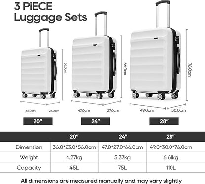 GinzaTravel 3-piece expandable luggage sets with Spinner Wheels， ABS hardshell Suitcase with TSA Lock，Large Luggage for Family Travel & carry on 20/24/28，White color