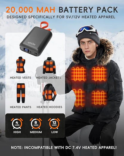 𝟭𝟮𝗩/𝟱𝗩 𝟮𝟬𝟬𝟬𝟬𝗺𝗔𝗵 Heated Jacket Battery Pack, Power Bank with LED Display for Wulcea, Genovega, ULUSERN and Other Heating Apparel，Not for 7.4V