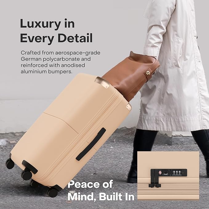 Checked Expandable - 24.5" Airline Approved Check In Luggage with Wheels, Spinner Suitcase for Men & Women - TSA Lock Rolling Suitcase, Spinner Wheels, Expansion Zip, Y-Strap - Sand