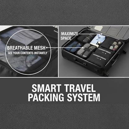 6-Piece Travel Packing Cubes Set - Luggage Organizer Bags with Mesh & Solid Pouches - Waterproof & Dustproof Storage for Clothes & Essentials (Black)