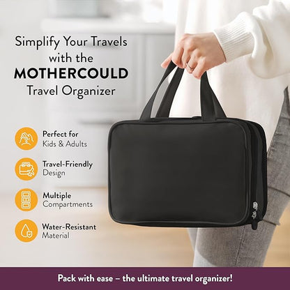 Kids Travel Organizer - Multi-Compartment, Water-Resistant Hanging Bag for Toys, Snacks, & Activities - Compact, Lightweight Design with Hook & Carry Handle - Perfect for Travel Use (Black, Small)