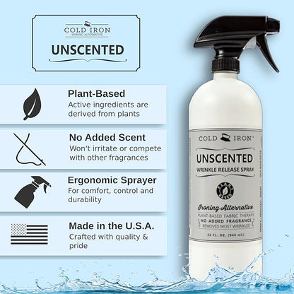 Cold Iron Wrinkle Release Spray for Clothes. 32 fl oz. Unscented/Fragrance Free. Plant Based Ironing Alternative. Fast, Easy to Use. Spray, Smooth, Hang. Award Winning Formula to Save You Time