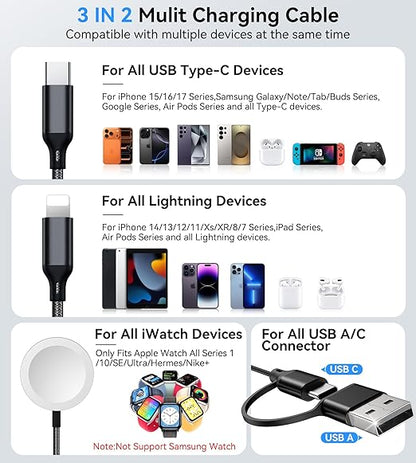 WAVELIFE for Apple Watch Charger Travel Essentials,Multi Charger Cable for iWatch Charger/for iPhone 17-12,3 in 2 USB A/C,Type C,Lighting,iWatch Charging Cord,Vacation RV Camping Essentials-5FT Black