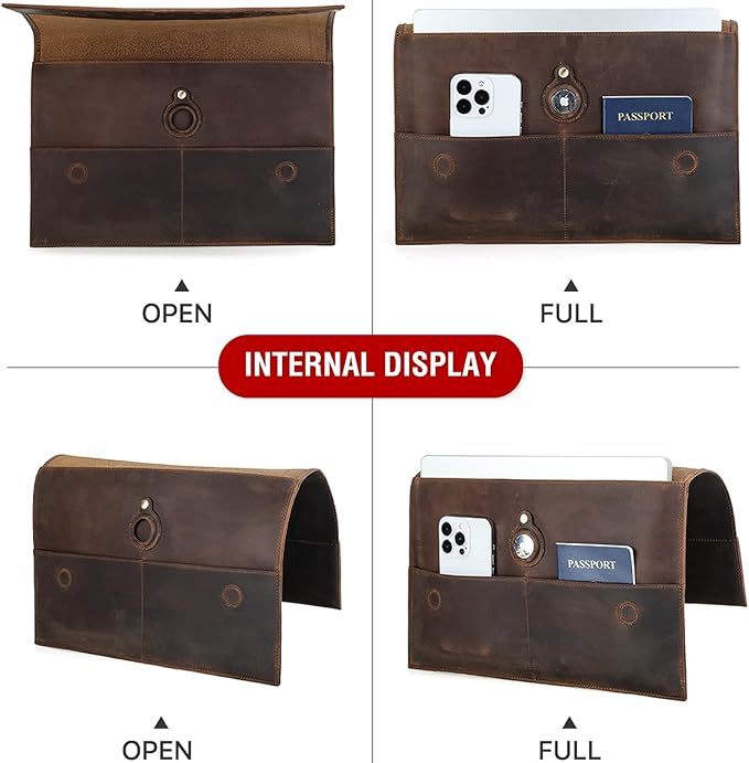 Top Grain Leather 14.2" Slim Laptop Sleeve Bag, Magnet Clasp Closure Design & 3 Pockets & AirTag Holder, Fully Handmade, Fits MacBook Pro/Air 14.2"/13.3"/Cellphone/Passport, Coffee 14.2 Inch