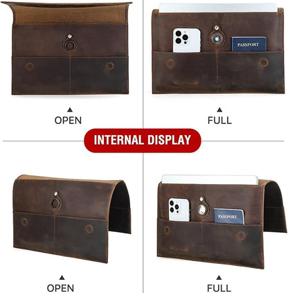 Top Grain Leather 14.2" Slim Laptop Sleeve Bag, Magnet Clasp Closure Design & 3 Pockets & AirTag Holder, Fully Handmade, Fits MacBook Pro/Air 14.2"/13.3"/Cellphone/Passport, Coffee 14.2 Inch