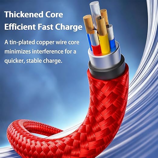 USB Cable PD Fast Charger Lighted Up (USB 6IN1 Braid Red),A Mobile Phone Data Cable, specifically a Fast Charging Cable, Crafted from Nylon Braided Material.