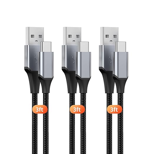 USB-C Cable 3A Fast Charging, 3-Pack 3ft USB A to Type C Charge Nylon Braided Cord for Type-C Devices - Black