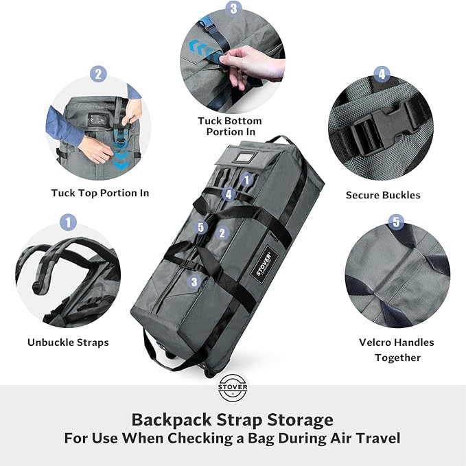 STOVER 80L Rolling Duffel Bag with Wheels, Large Durable Travel Duffle + Toiletry Bag, Heavy Duty, Packable, Foldable with Shoulder Straps- Use as Luggage or Backpack, Men/Women (Grey)