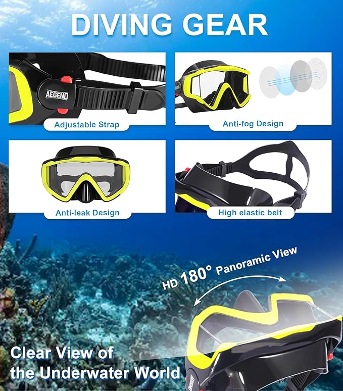 Aegend Snorkeling Gear for Adults Youth Kids, Dry Snorkel Set Panoramic View Enhanced Anti-Leak and Anti-Fog Technology, Adjustable Strap for Snorkeling Scuba Diving Swimming with Mesh Bag