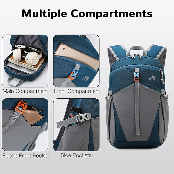 12L Small Hiking Backpack with Chest Strap for Men Women, Mini Lightweight Travel Backpack for Kids, Blue