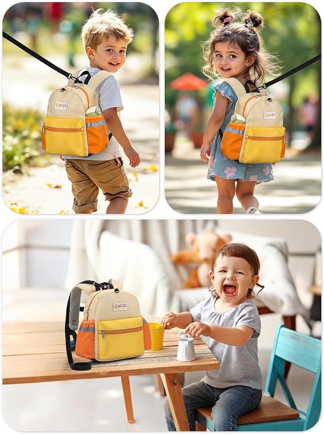 Toddler Backpack with Leash for Boys Girls Kids Kindergarten Nursery, 11” Baby Leash Backpack with Reflective, Toddler Bookbag with Anti-Lost Harness for Walking, Yellow