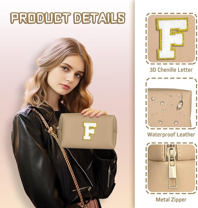 TOPEAST Preppy Patch Makeup Bag, Chenille Letter Pouch Cosmetic Bag, PU Leather Waterproof Toiletry Bag, Personalized Birthday Gift for Women Girl, Cute Stuff for Girls (Khaki B)