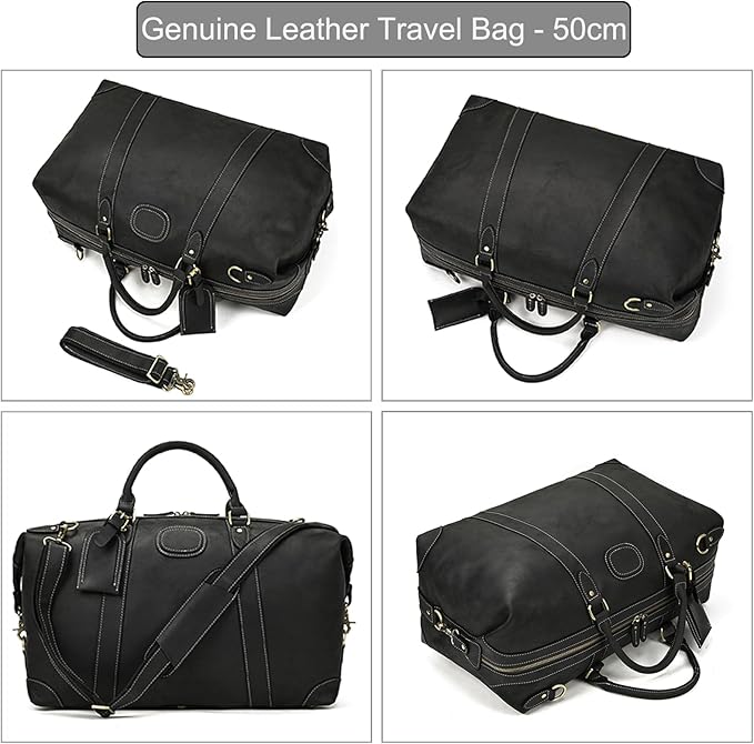 Full-grain Genuine Leather Travel Bag Large Capacity Luggage Duffel Bag for Men Shoulder Handbag Holiday Business Trip Bag, Black