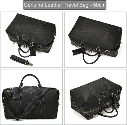Full-grain Genuine Leather Travel Bag Large Capacity Luggage Duffel Bag for Men Shoulder Handbag Holiday Business Trip Bag, Black