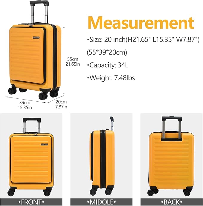 TydeCkare 20 Inch Carry On Luggage with Front Pocket, 21.65 * 15.35 * 7.87" Suitable for Airplane Overhead Bin, 34L Lightweight PC+ABS Hardshell with YKK Zipper, TSA Lock Approved, Orange