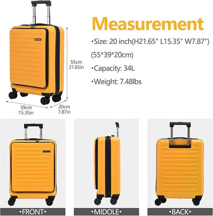 TydeCkare 20 Inch Carry On Luggage with Front Pocket, 21.65 * 15.35 * 7.87" Suitable for Airplane Overhead Bin, 34L Lightweight PC+ABS Hardshell with YKK Zipper, TSA Lock Approved, Orange