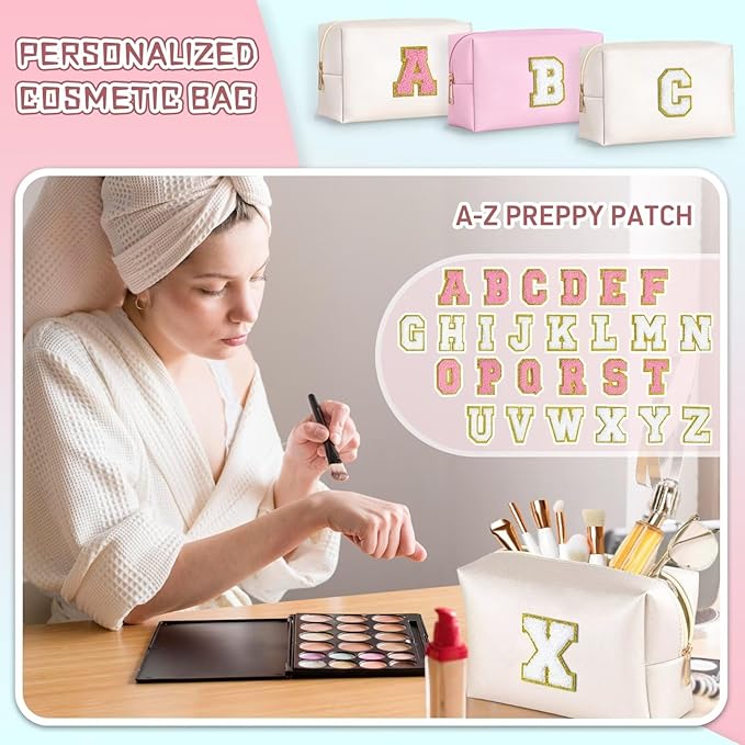 TOPEAST Initial Makeup Bag for Travel, Chenille Letter Pouch Cosmetic Bag, PU Leather Waterproof Toiletry Bag, Personalized Gifts for Bride Bridesmaids, Cute Things for Girls (White Q)
