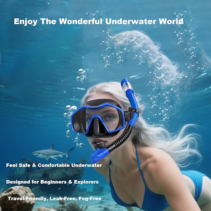 Snorkeling Gear for Adults,Dry-Top Snorkel Mask Set with Tempered Glass,Anti-Fog & Anti-Leak Panoramic Swim Mask,Adjustable Snorkel Kit with Carry Bag for Scuba Diving,Swimming,Travel