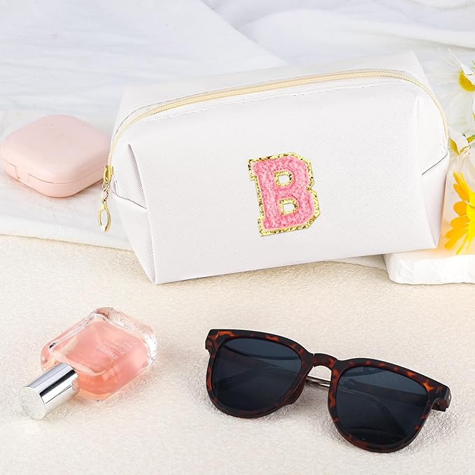 Initial Makeup Bag Personalized Preppy Travel Small Cosmetic Bag Cute PU White Chenille Letter Makeup Pouch for Purse Waterproof Zippered Toiletry Organizer for Women Girls Kids Friends (B)