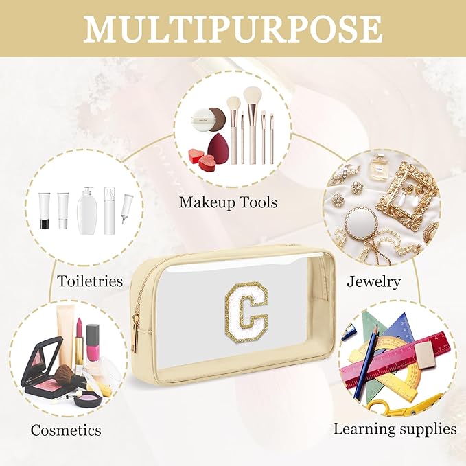 Small Clear Personalized Initial Makeup Bag,Nylon Preppy A-Z Chenille Letter Patch Cosmetic Pouch Beach Toiletry Bag,Waterproof Zipper Travel Purse Storage Bag Organizer for Women Girls(Beige-White C)